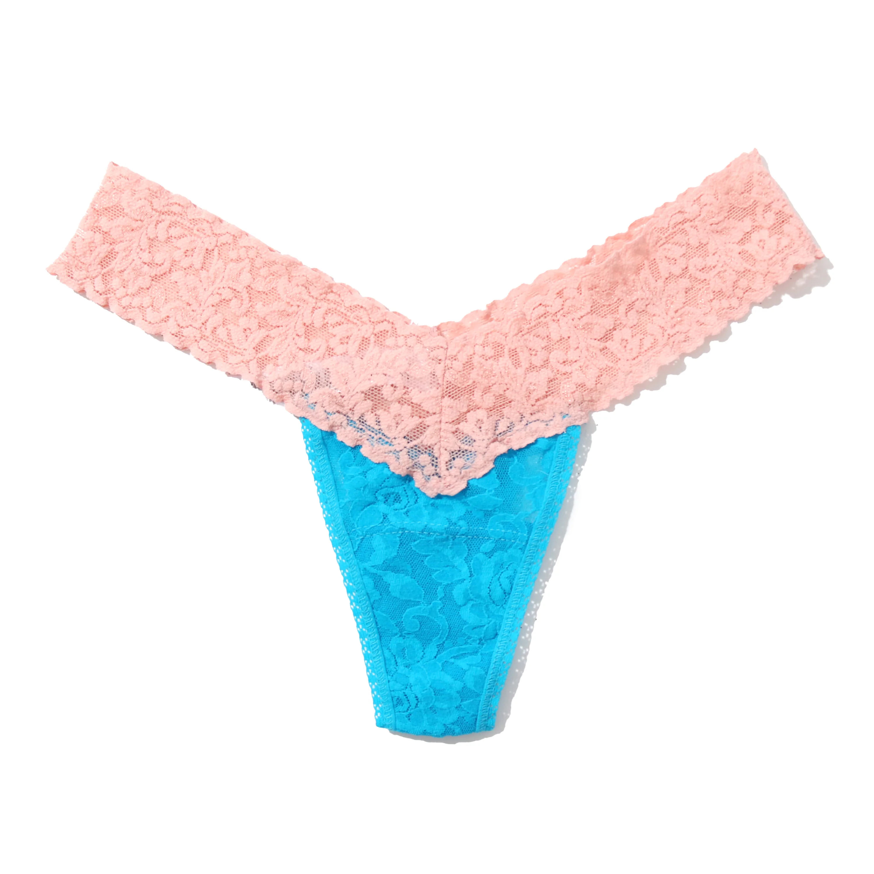 Signature Lace Low Rise Thong | Island Blue/Rosita Pink