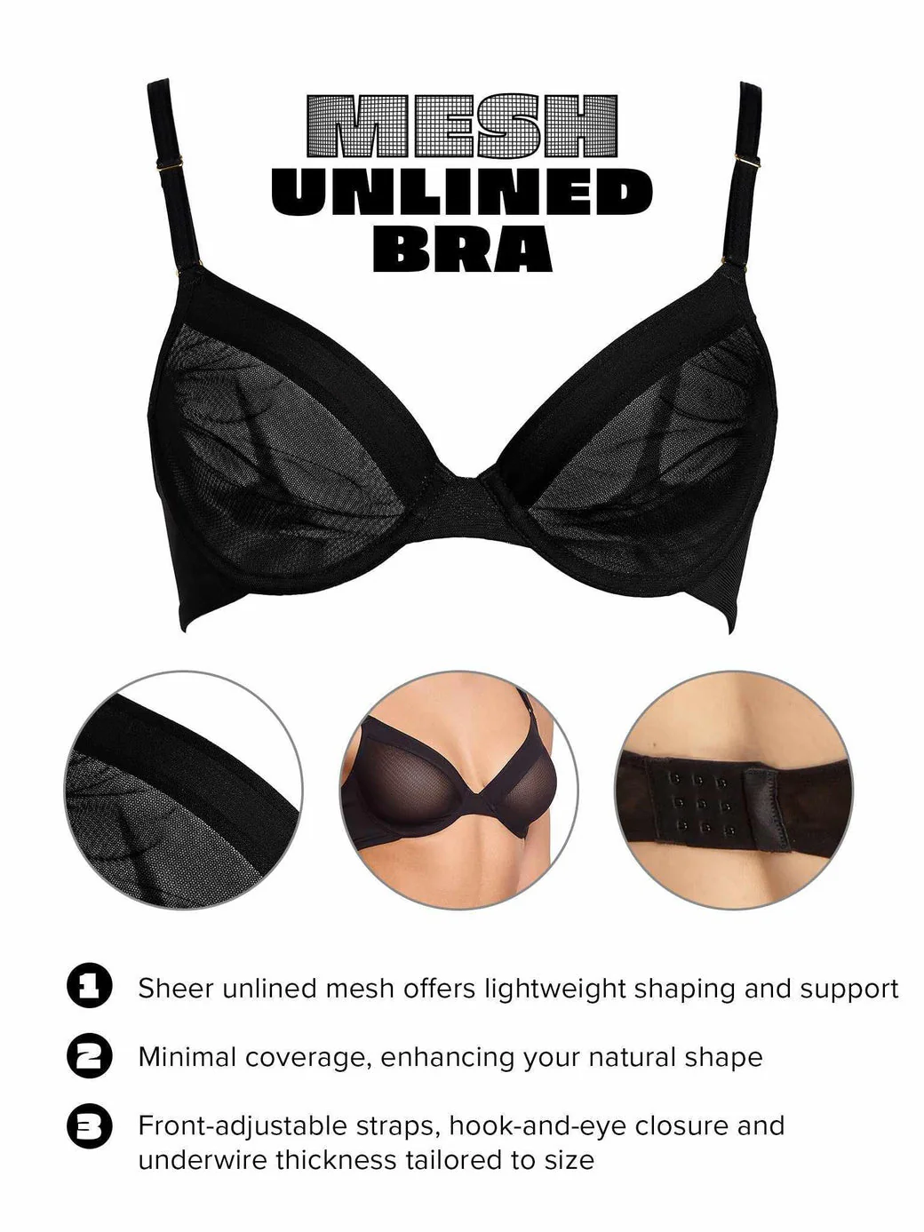 Unlined Mesh Underwire Bra | Black - Image 3