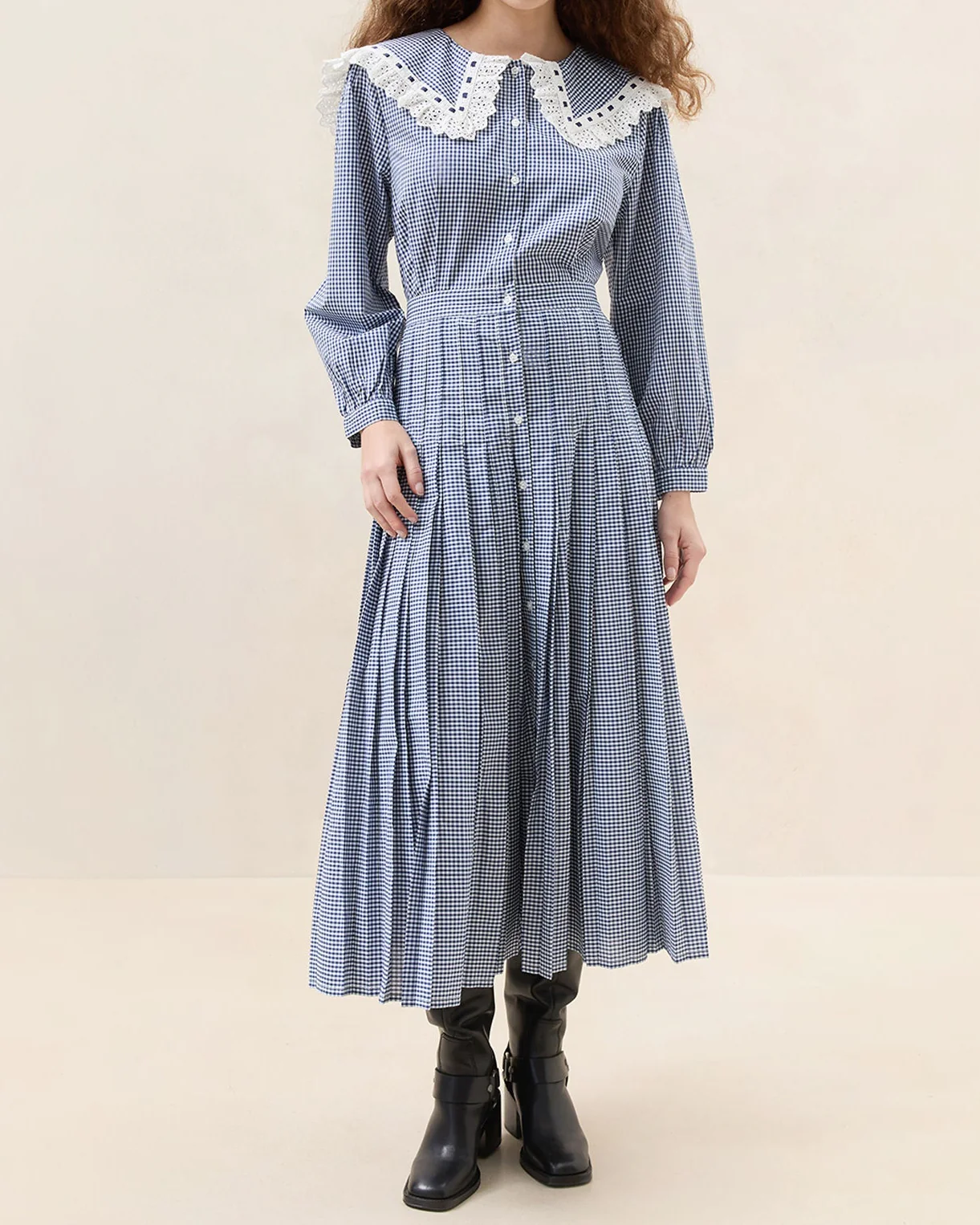 Ida Pleated Dress | Navy/Navy Gingham