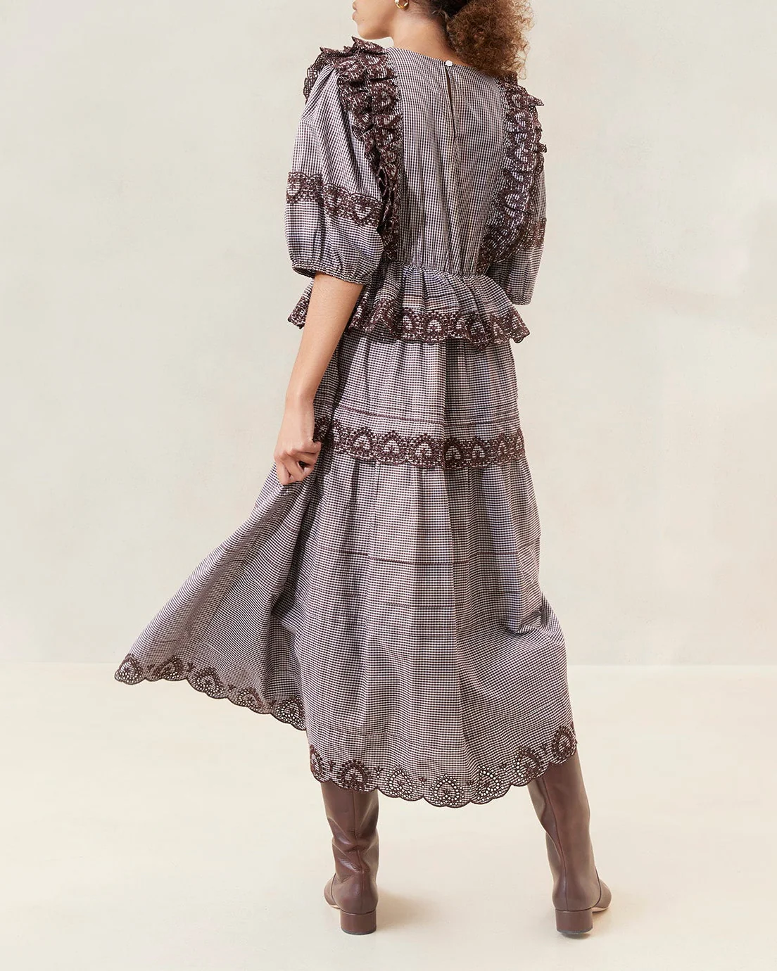 Ivee Heart Broderie Dress | Brown/Cream Plaid - Image 3