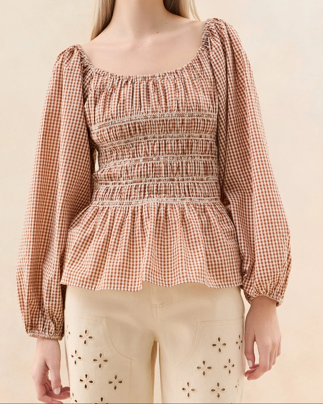 Julietta Gathered Top | Brown Gingham