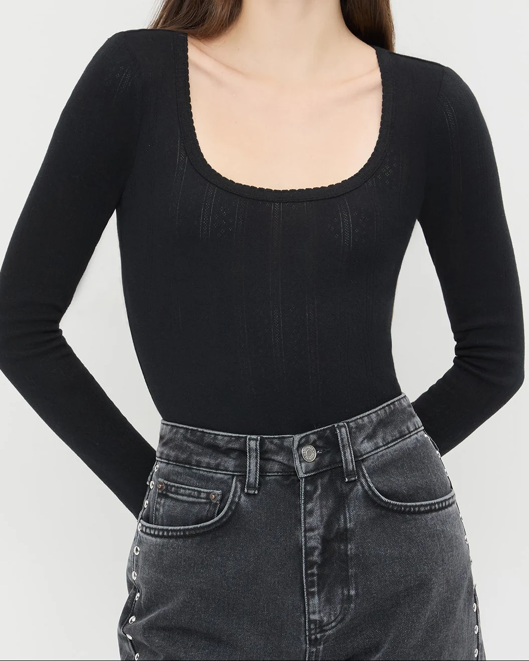 Kaya Pointelle Long-Sleeve Bodysuit | Black - Image 2