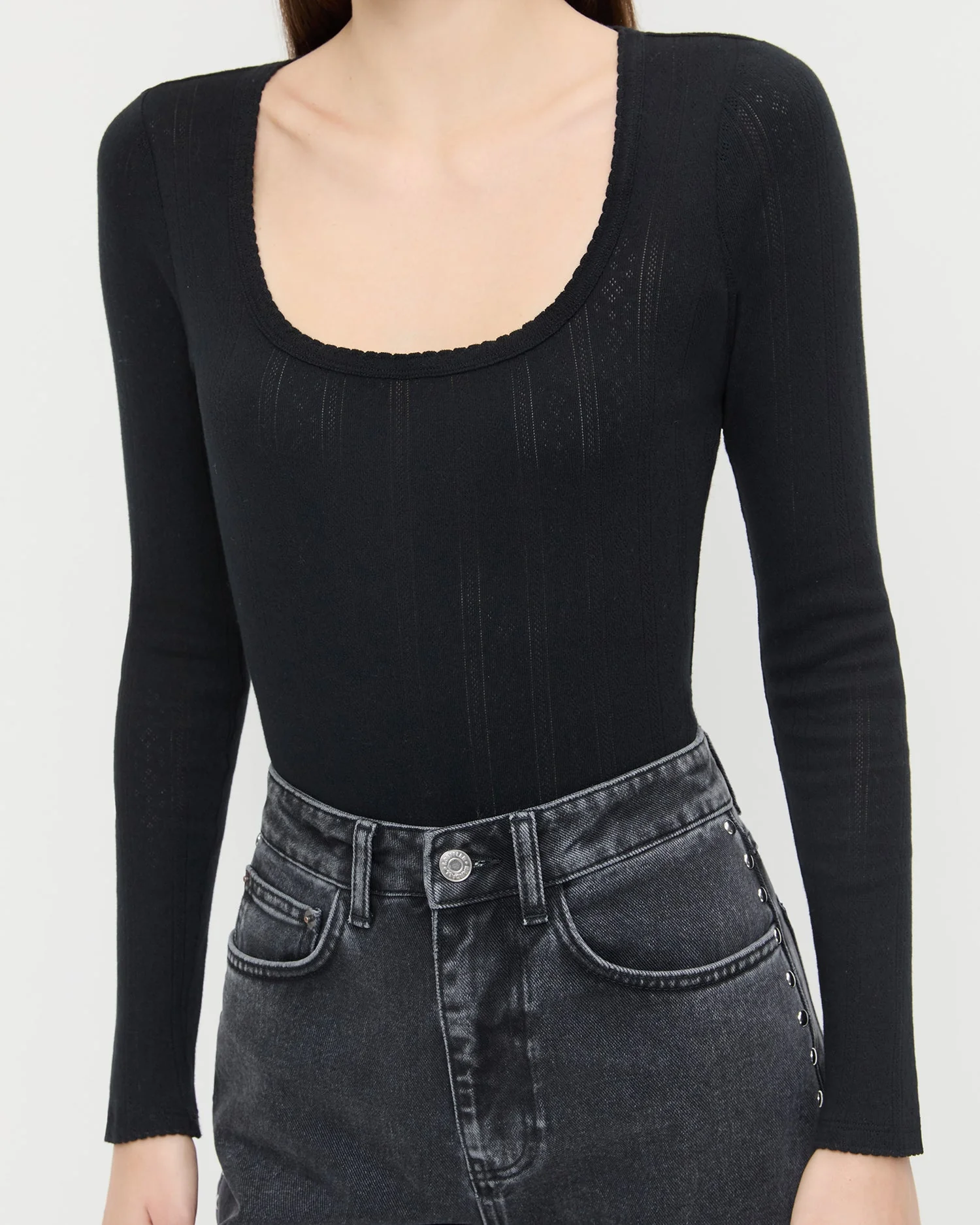 Kaya Pointelle Long-Sleeve Bodysuit | Black - Image 4