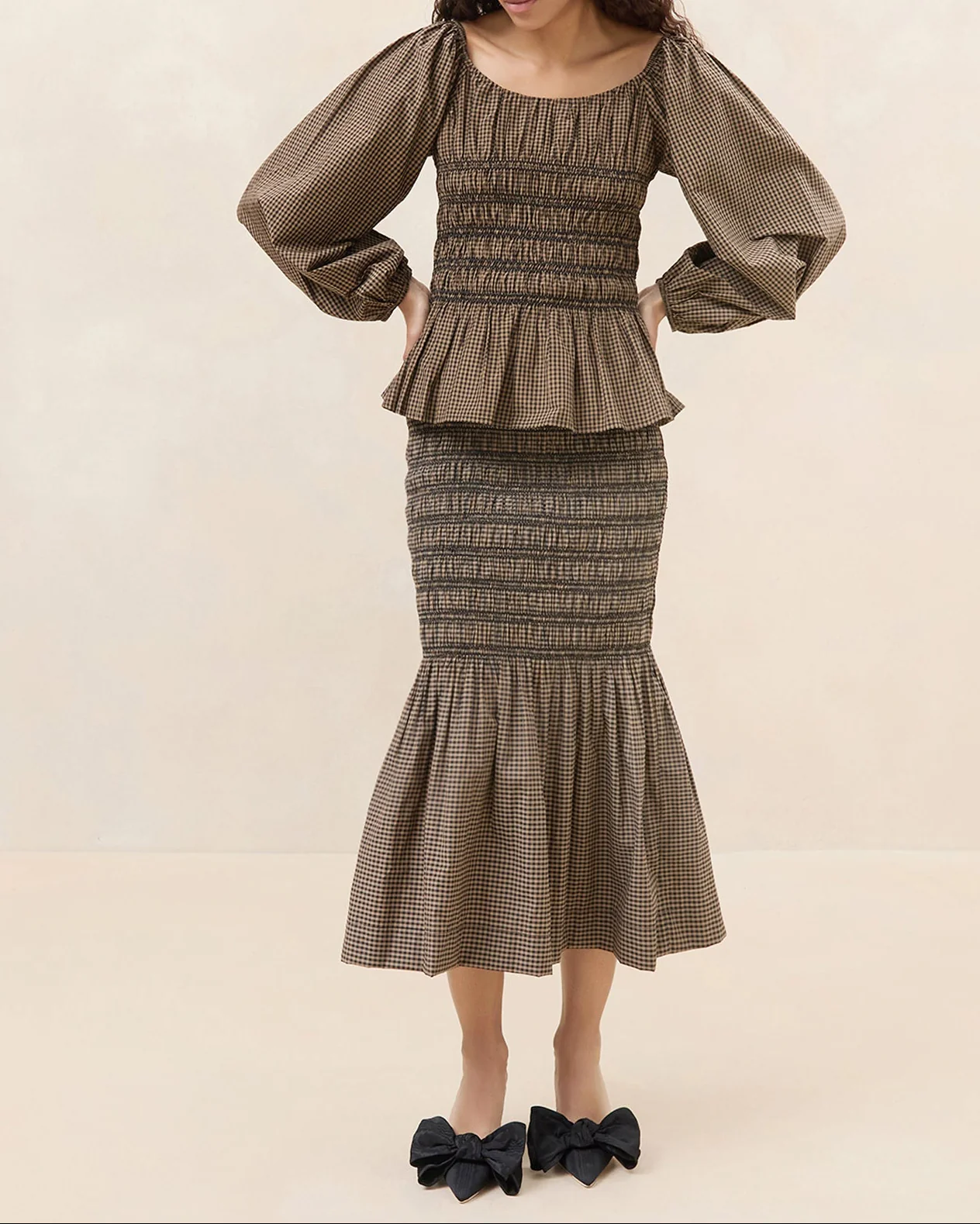 Rocco Gathered Midi Skirt | Brown/Black Check