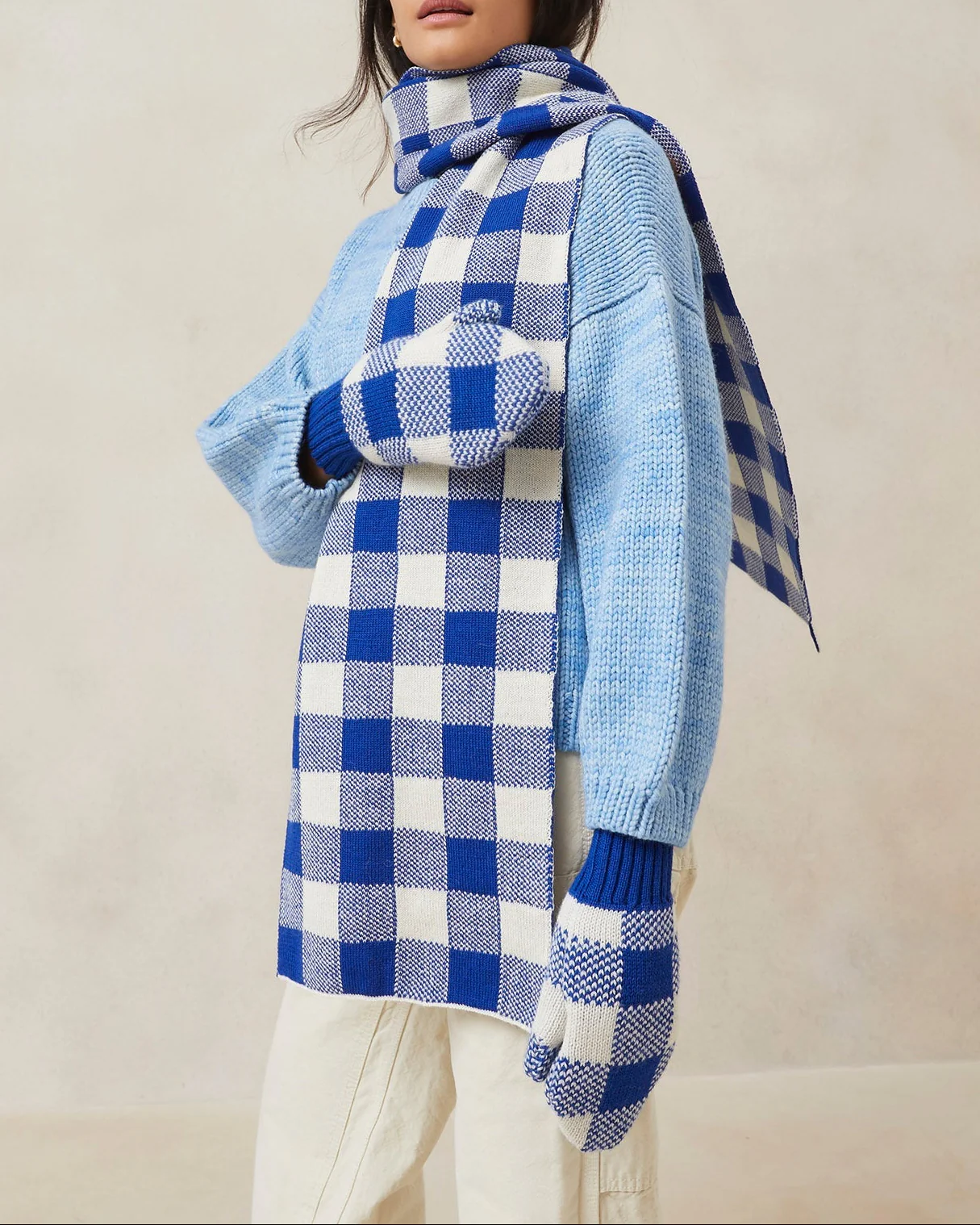 Roland Knit Scarf | Blue/Cream Plaid - Image 3