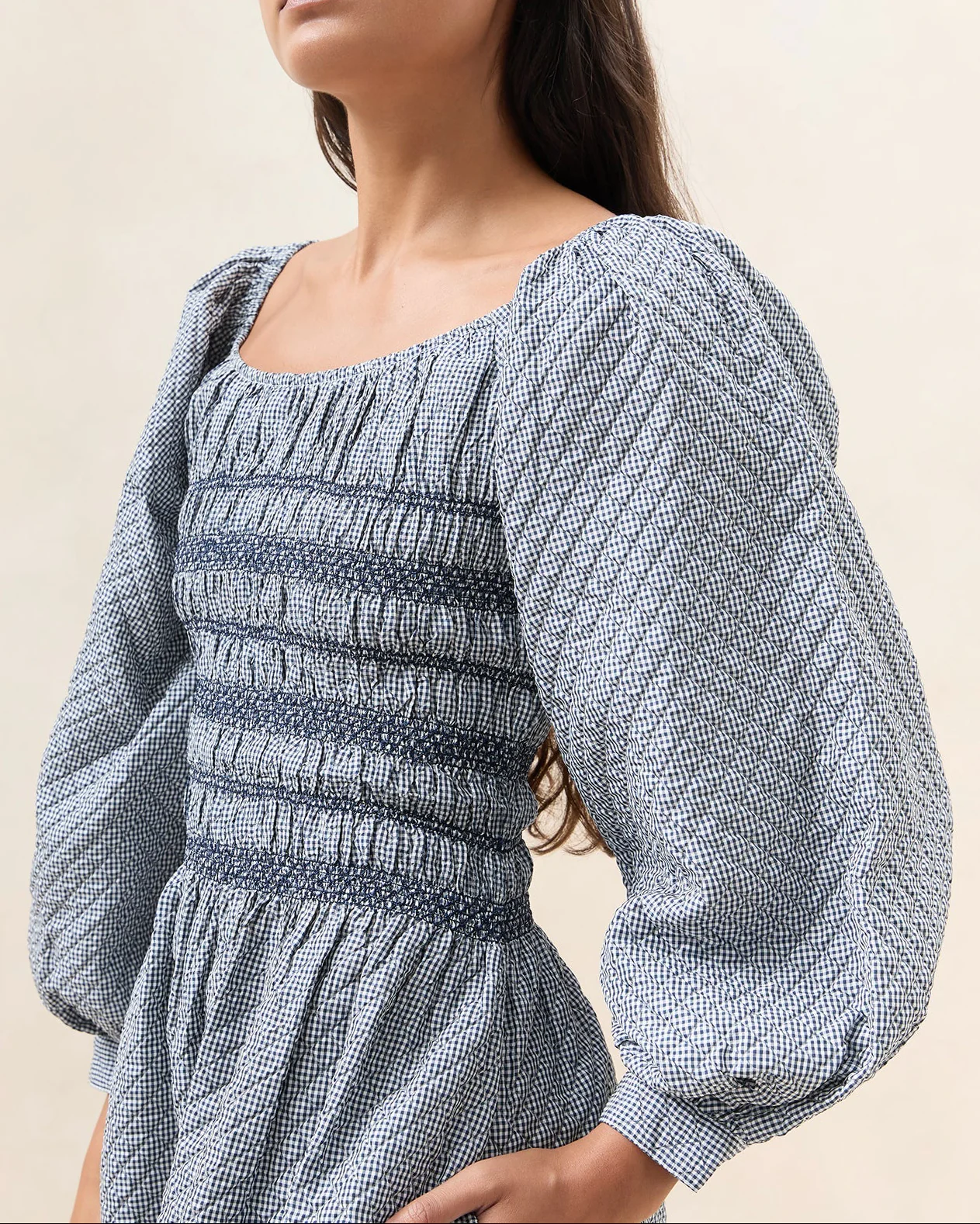 Vineta Gathered Dress | Navy/Navy Gingham - Image 2