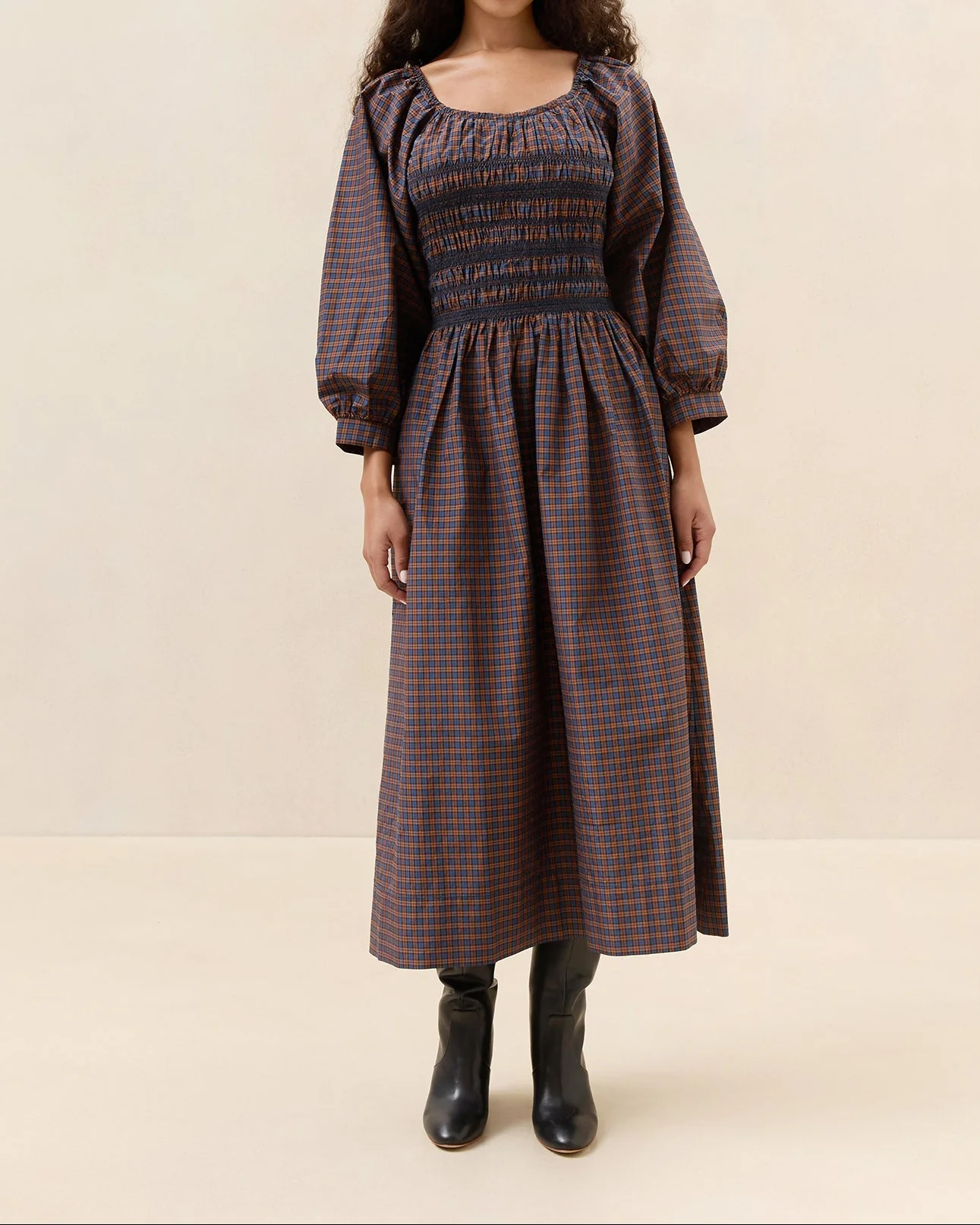 Vineta Gathered Dress | Navy/Rust Plaid