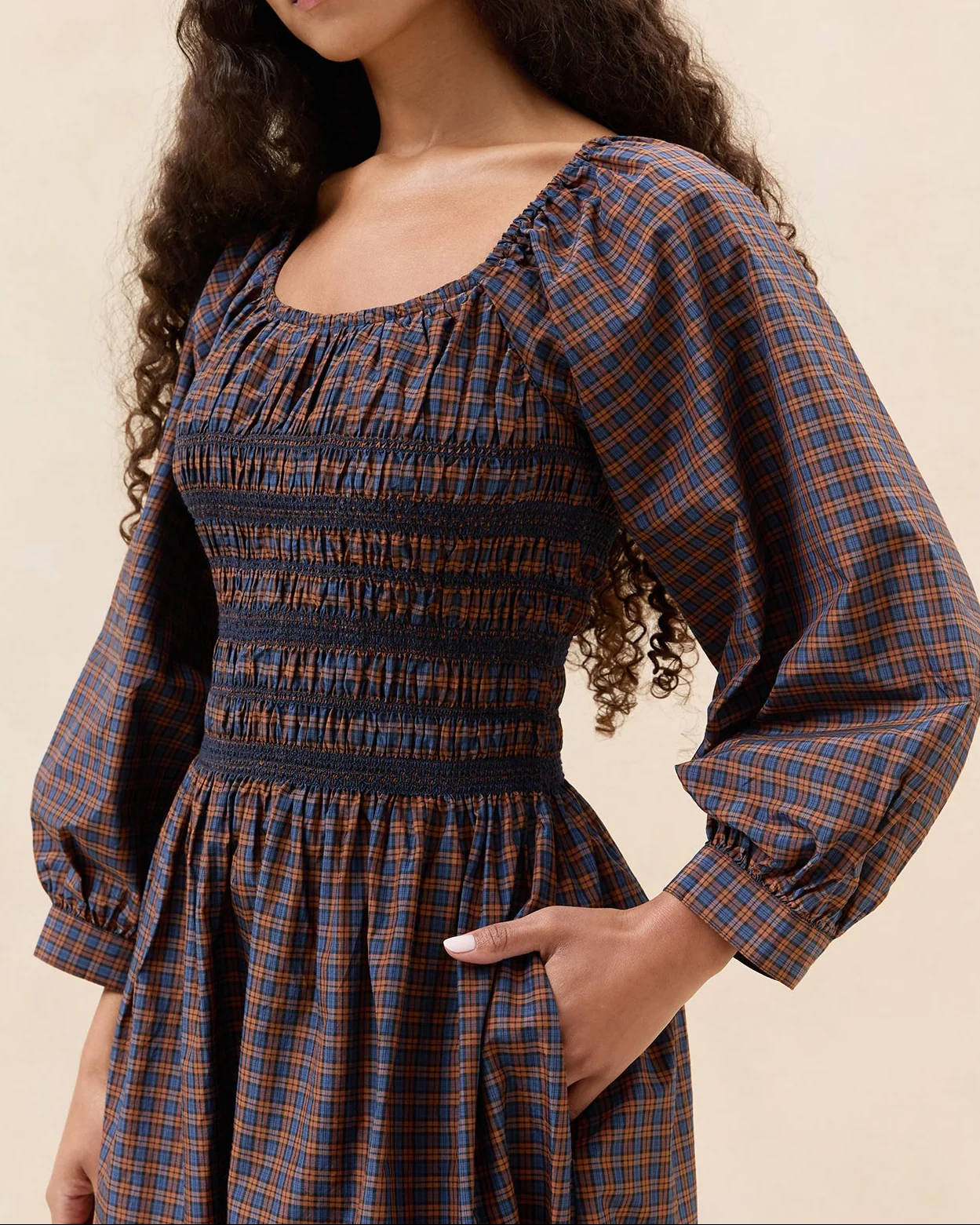 Vineta Gathered Dress | Navy/Rust Plaid - Image 2