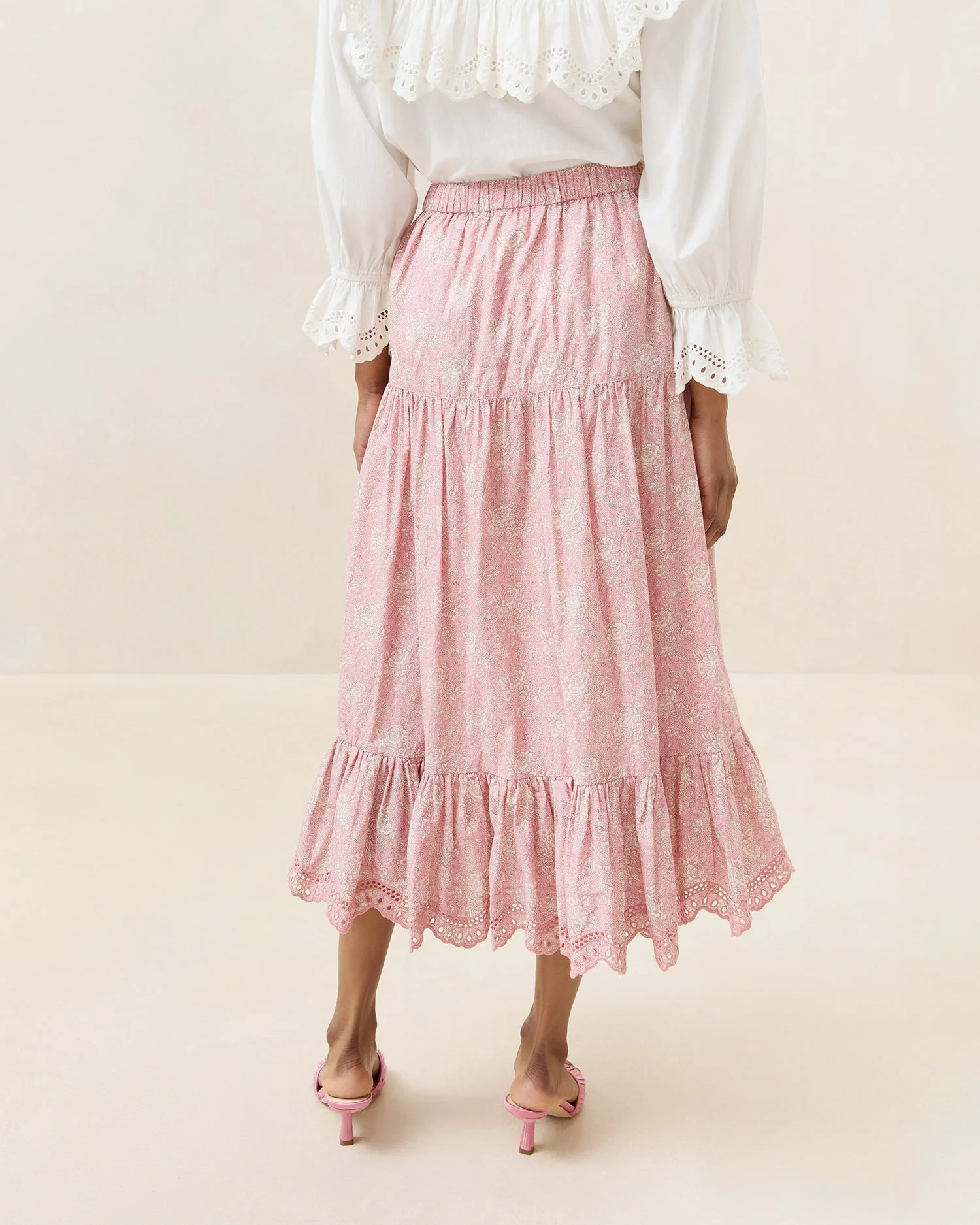 Viola Broderie Trim Midi Skirt | Pink Floral - Image 2