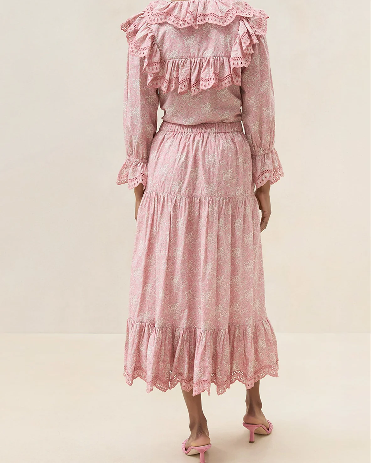 Viola Broderie Trim Midi Skirt | Pink Floral - Image 4