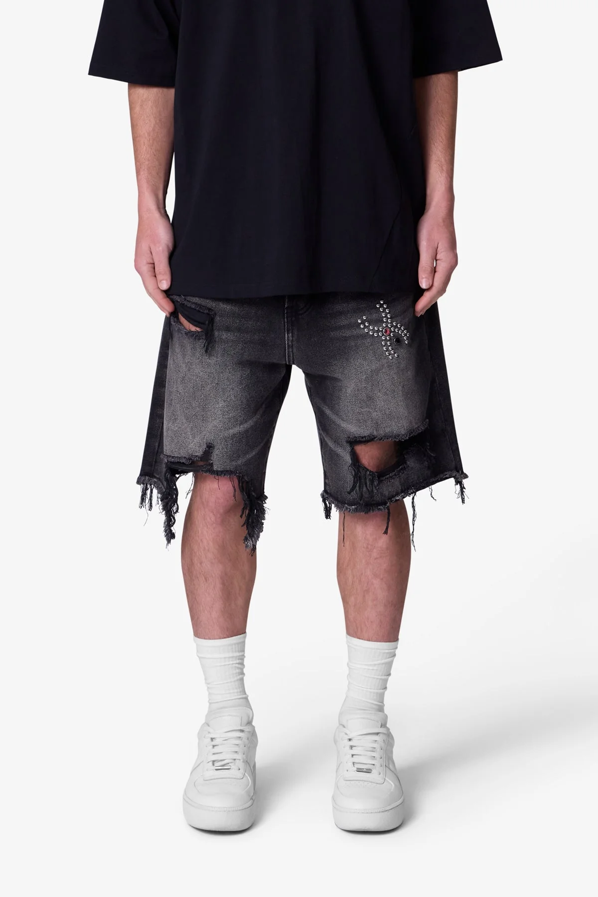 Distressed Spider Denim Shorts | Washed Black - Image 2