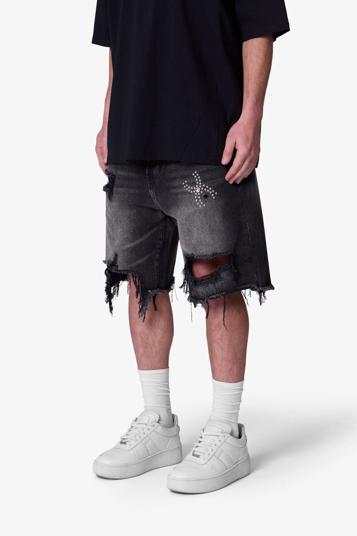 Distressed Spider Denim Shorts | Washed Black - Image 3