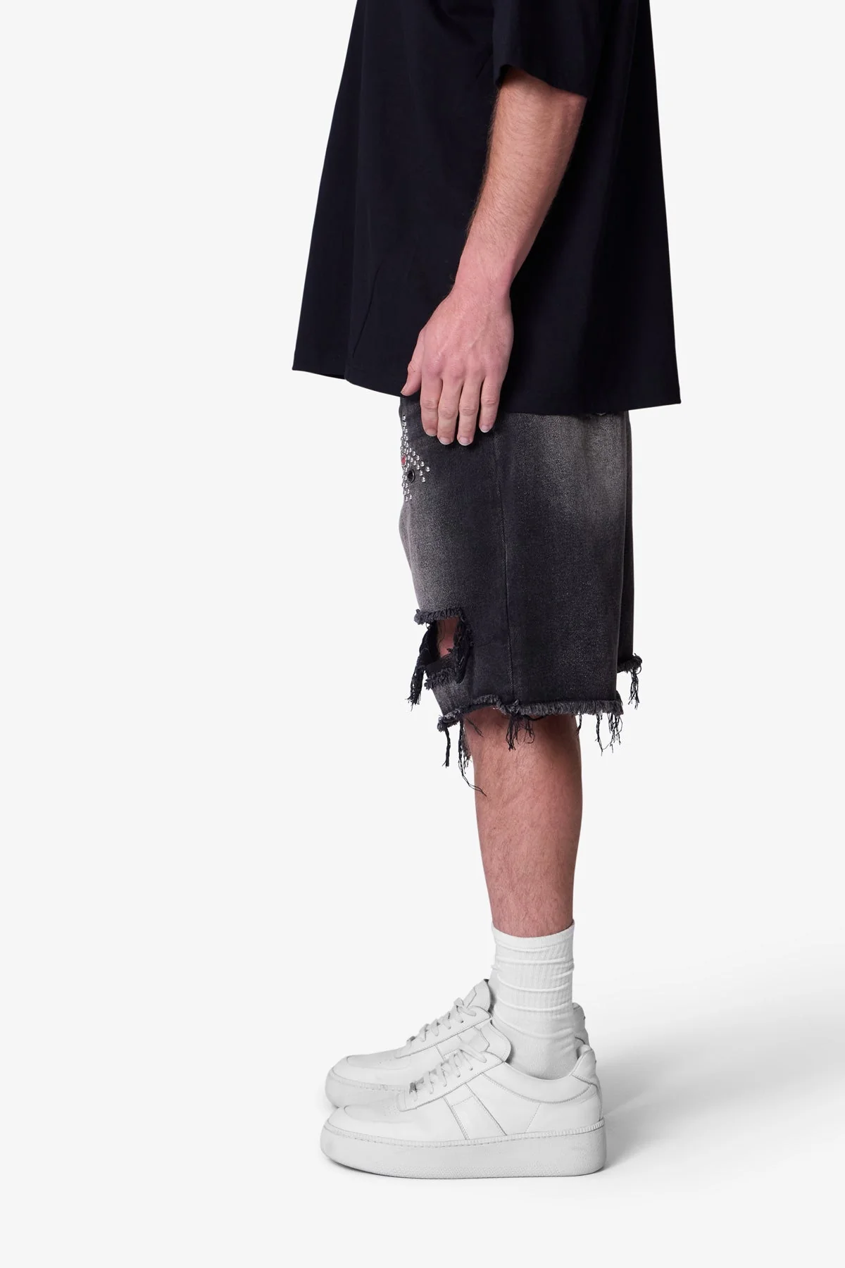 Distressed Spider Denim Shorts | Washed Black - Image 4