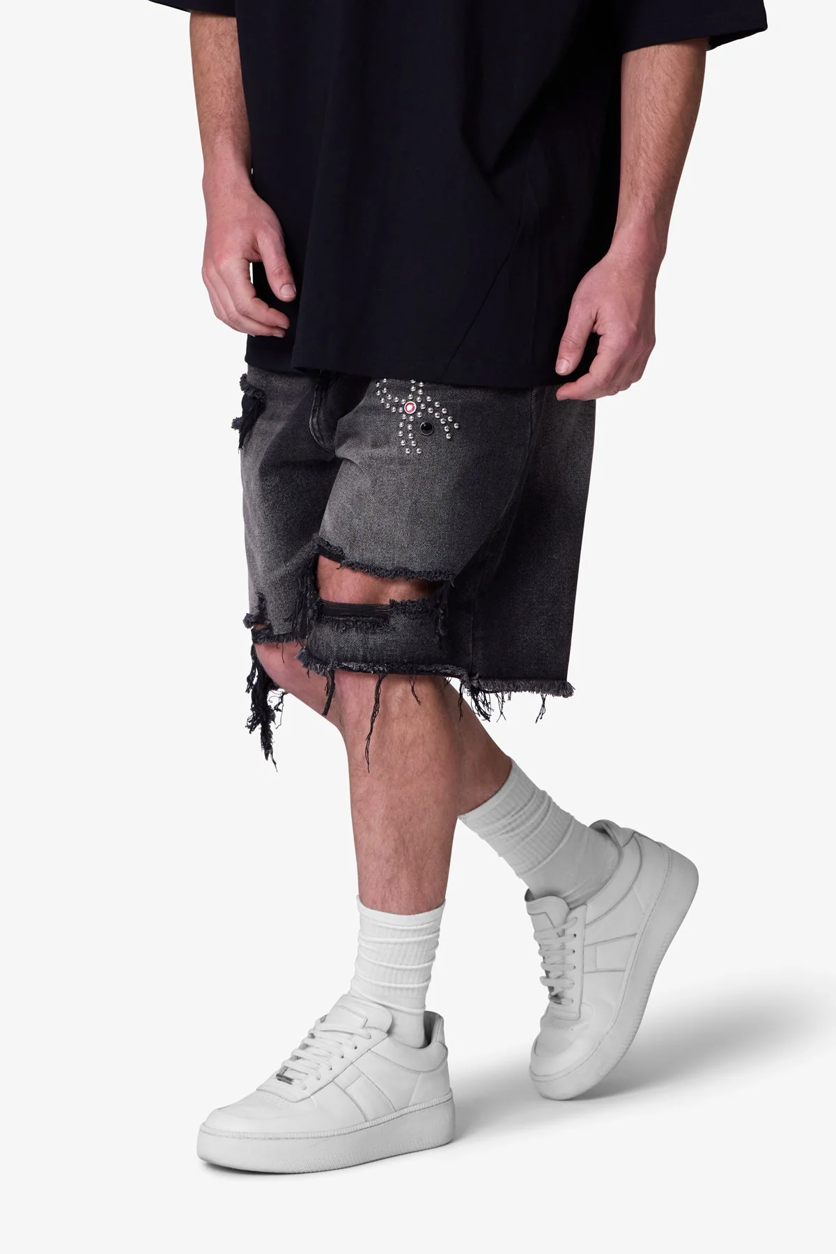 Distressed Spider Denim Shorts | Washed Black - Image 6