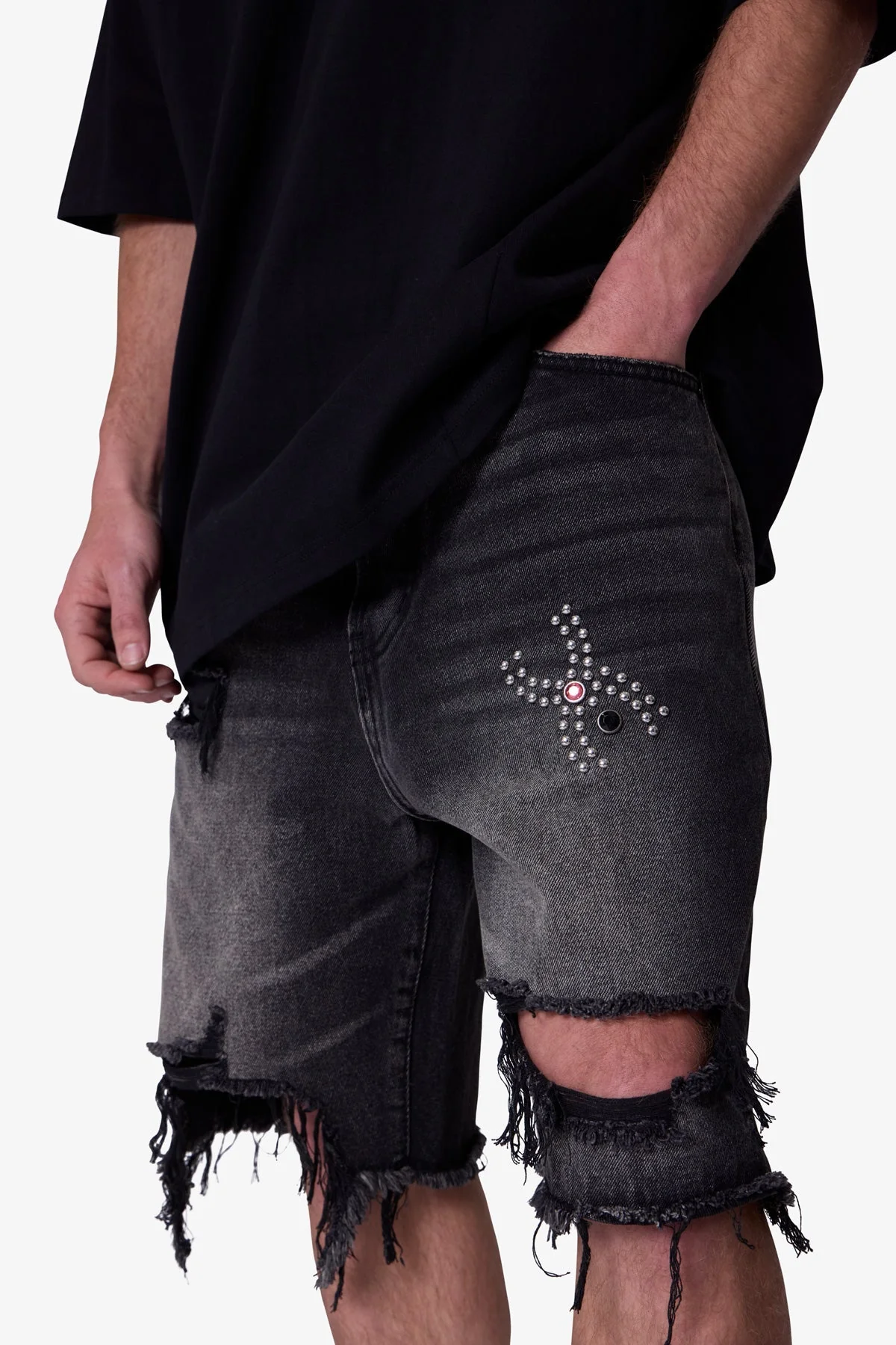 Distressed Spider Denim Shorts | Washed Black - Image 7