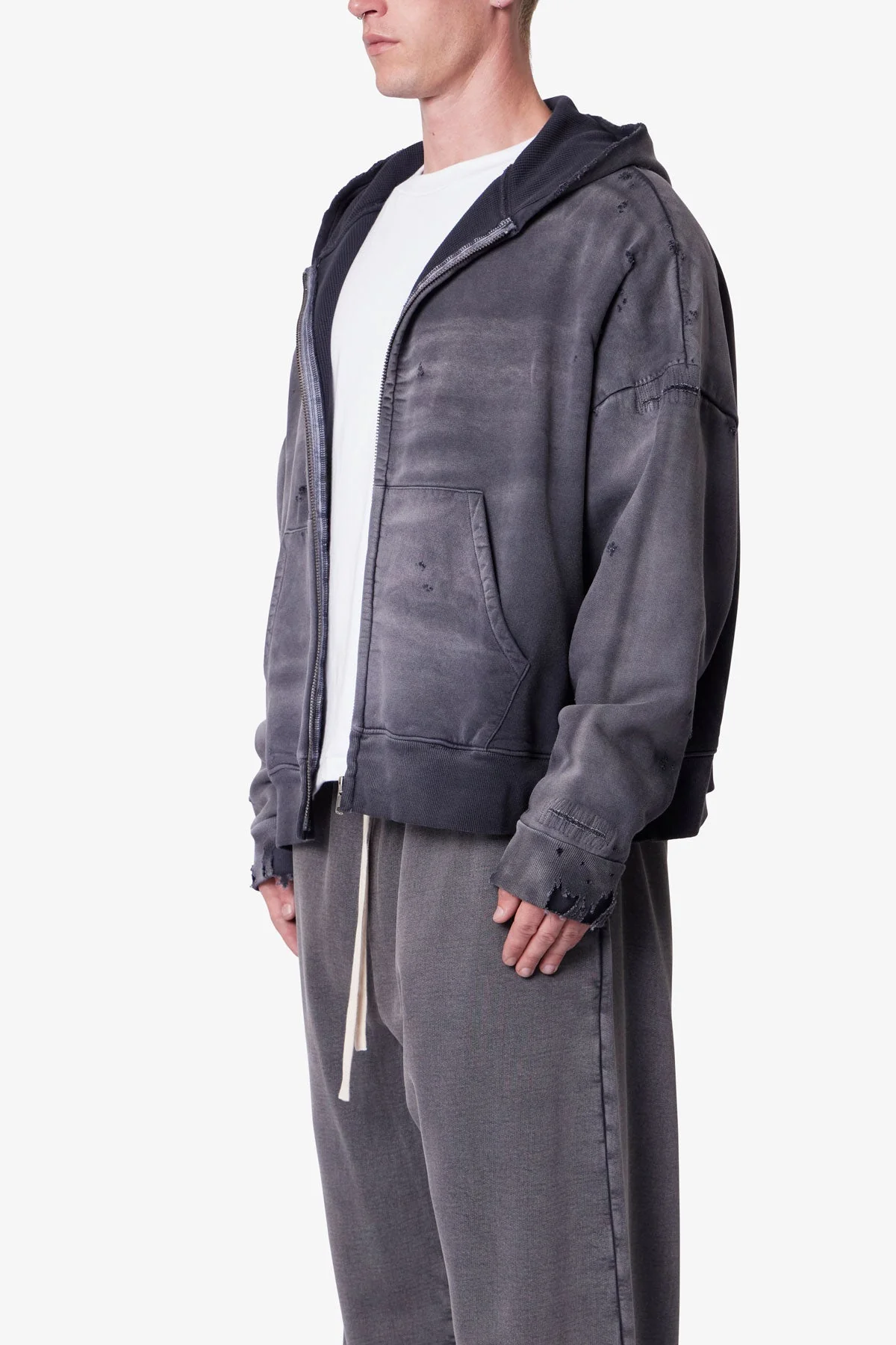 Distressed Thermal Lined Hoodie | Black - Image 3
