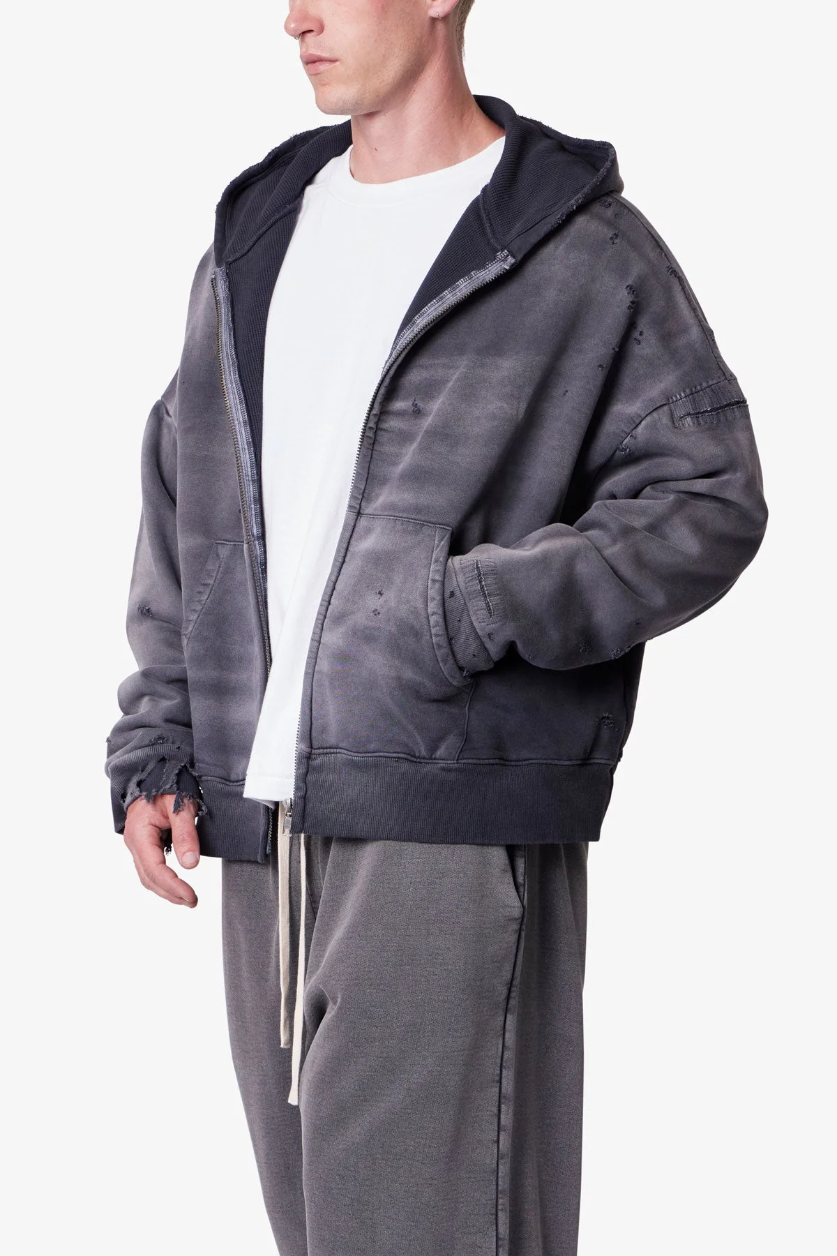 Distressed Thermal Lined Hoodie | Black - Image 6