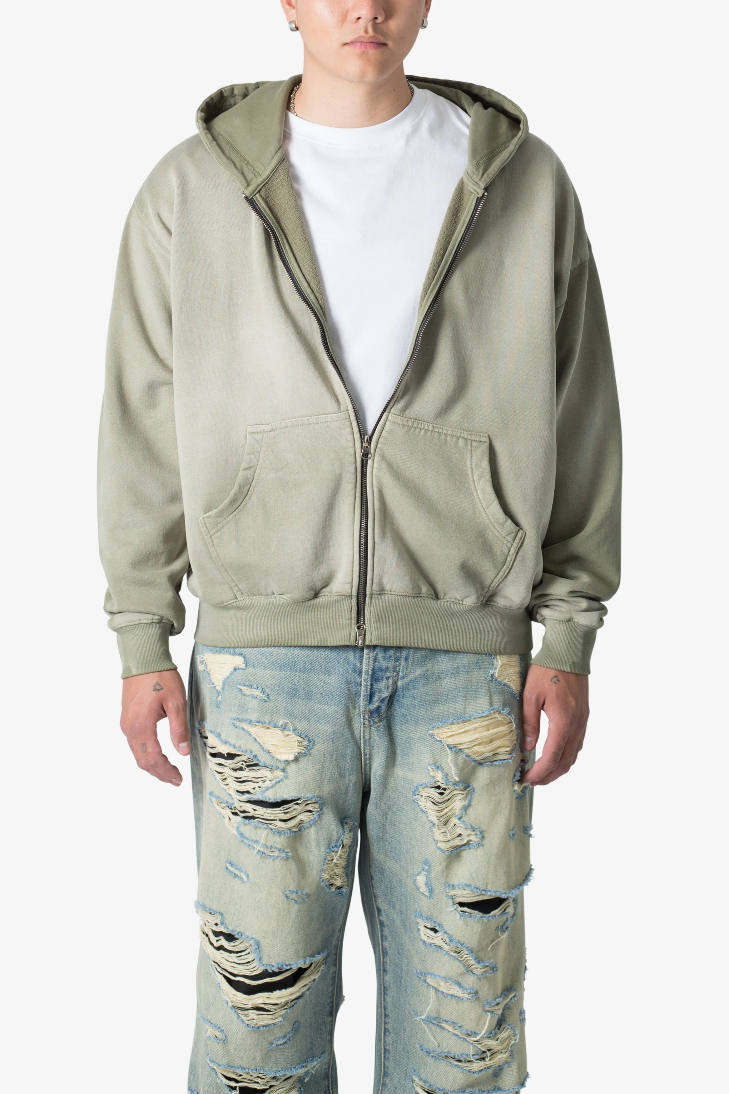 Faded Basic Zip Up Hoodie | Washed Olive - Image 2