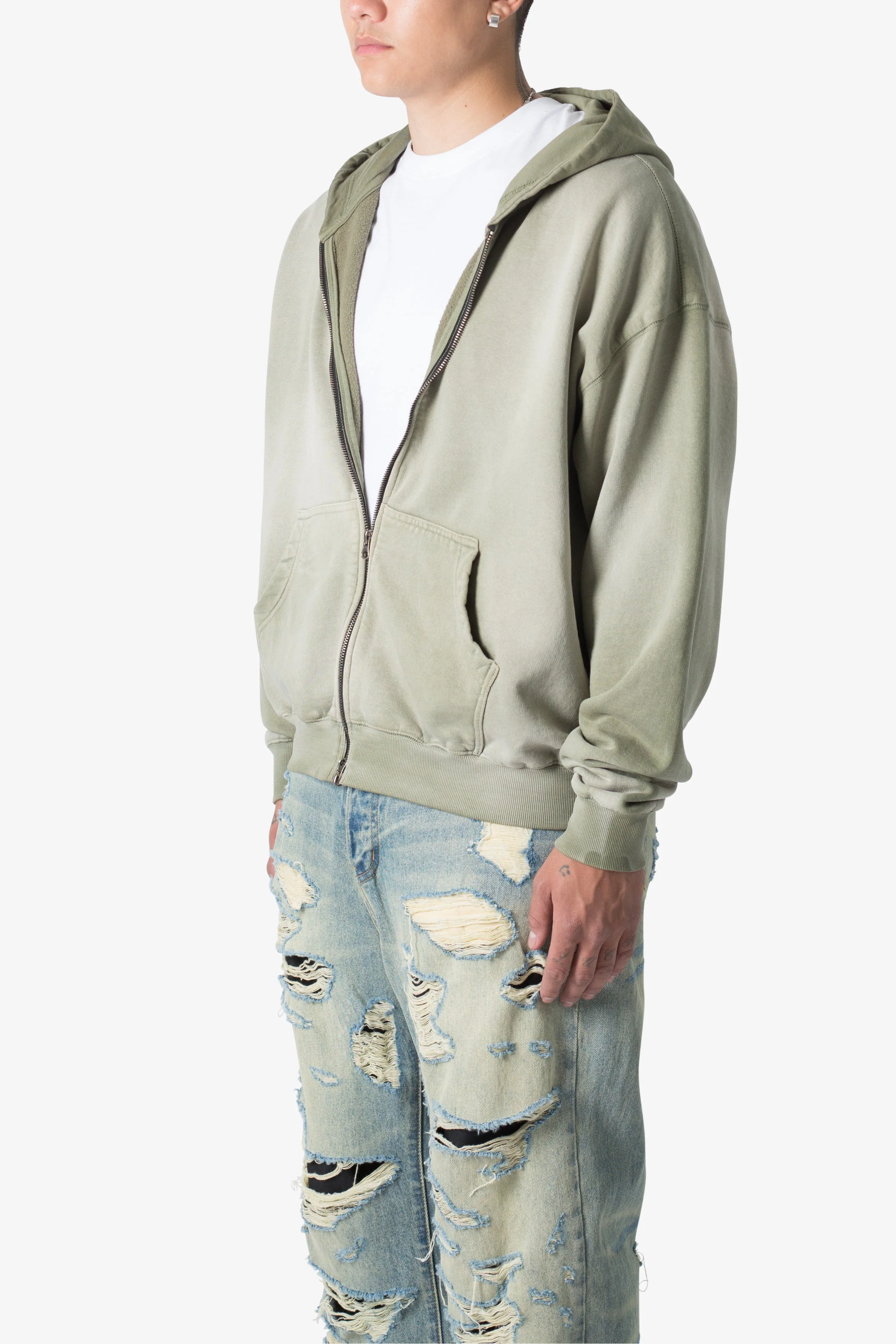 Faded Basic Zip Up Hoodie | Washed Olive - Image 3