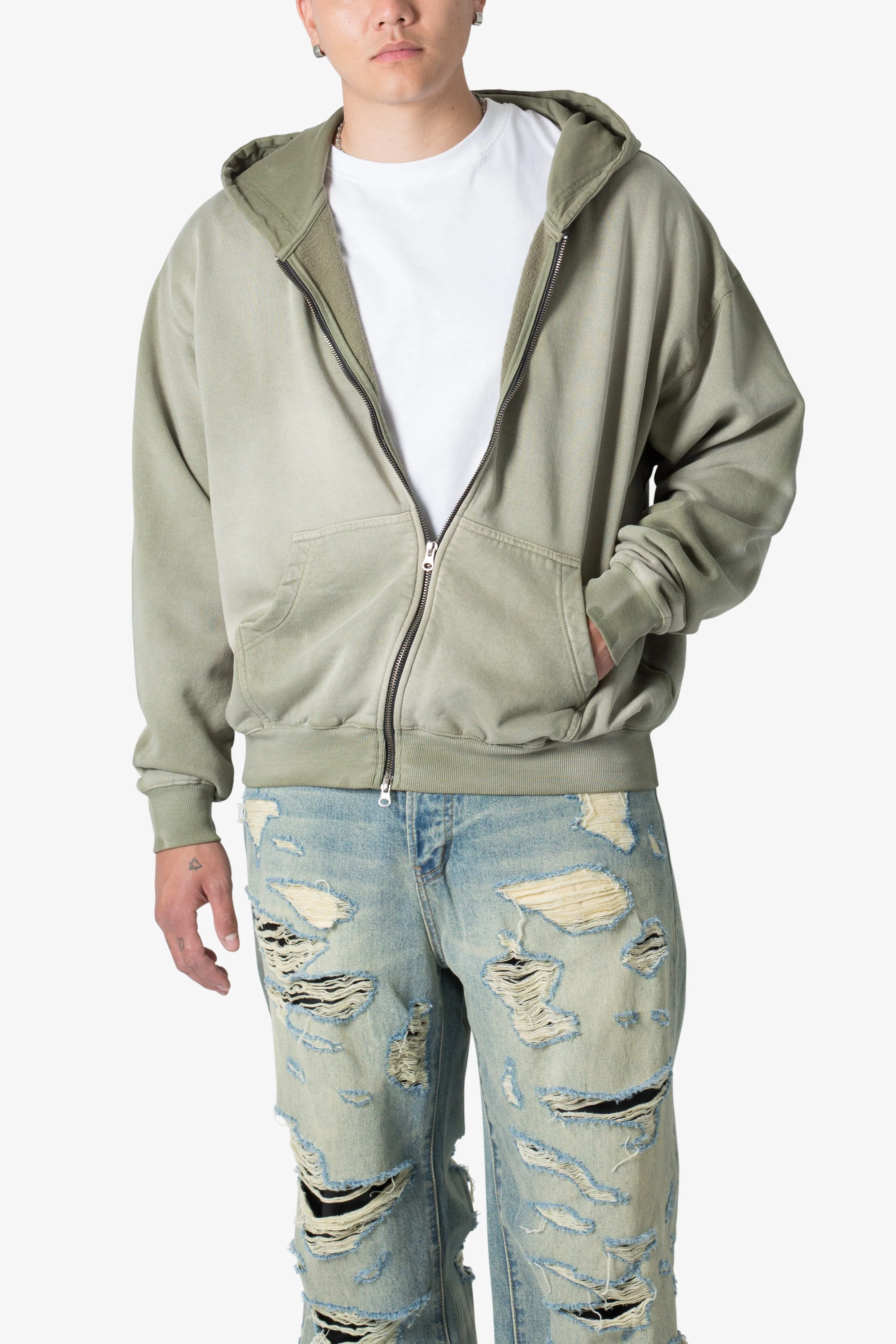 Faded Basic Zip Up Hoodie | Washed Olive - Image 6