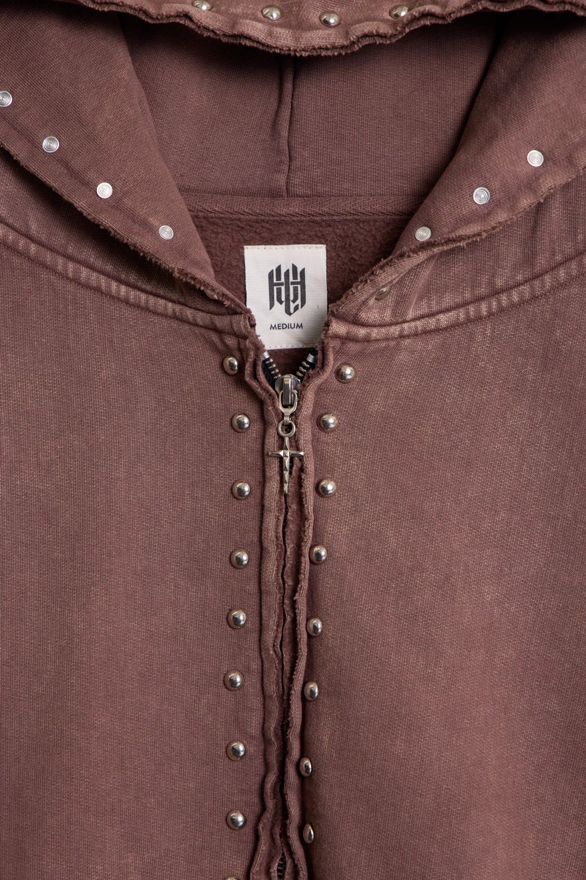 Studded Ruffle Zip Up Hoodie | Washed Brown - Image 3