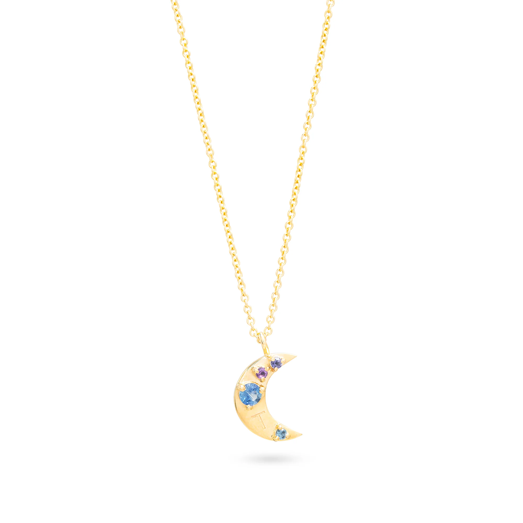 Crescent Moon Gemstone Necklace | 10K Yellow Gold | Multicolor Sapphire/Lolite/Amethyst
