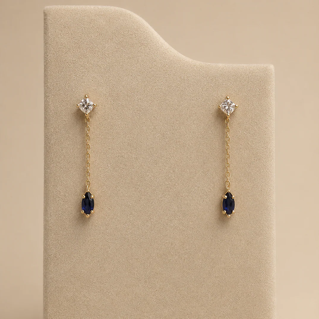 Drop Earring | 10K Yellow Gold | White Diamond/Blue Sapphire
