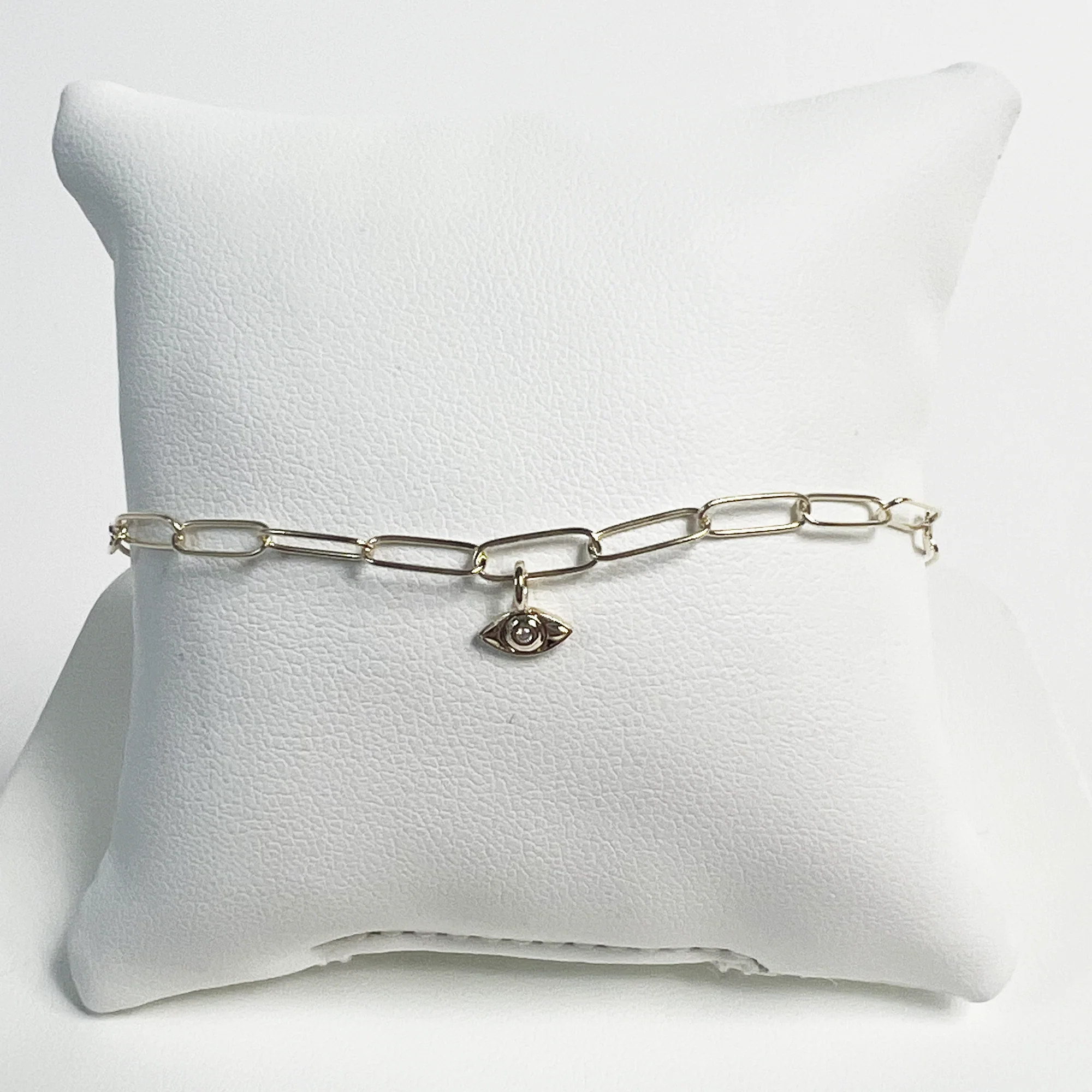 Evil Eye Paperclip Bracelet | 10K Yellow Gold | White Diamond