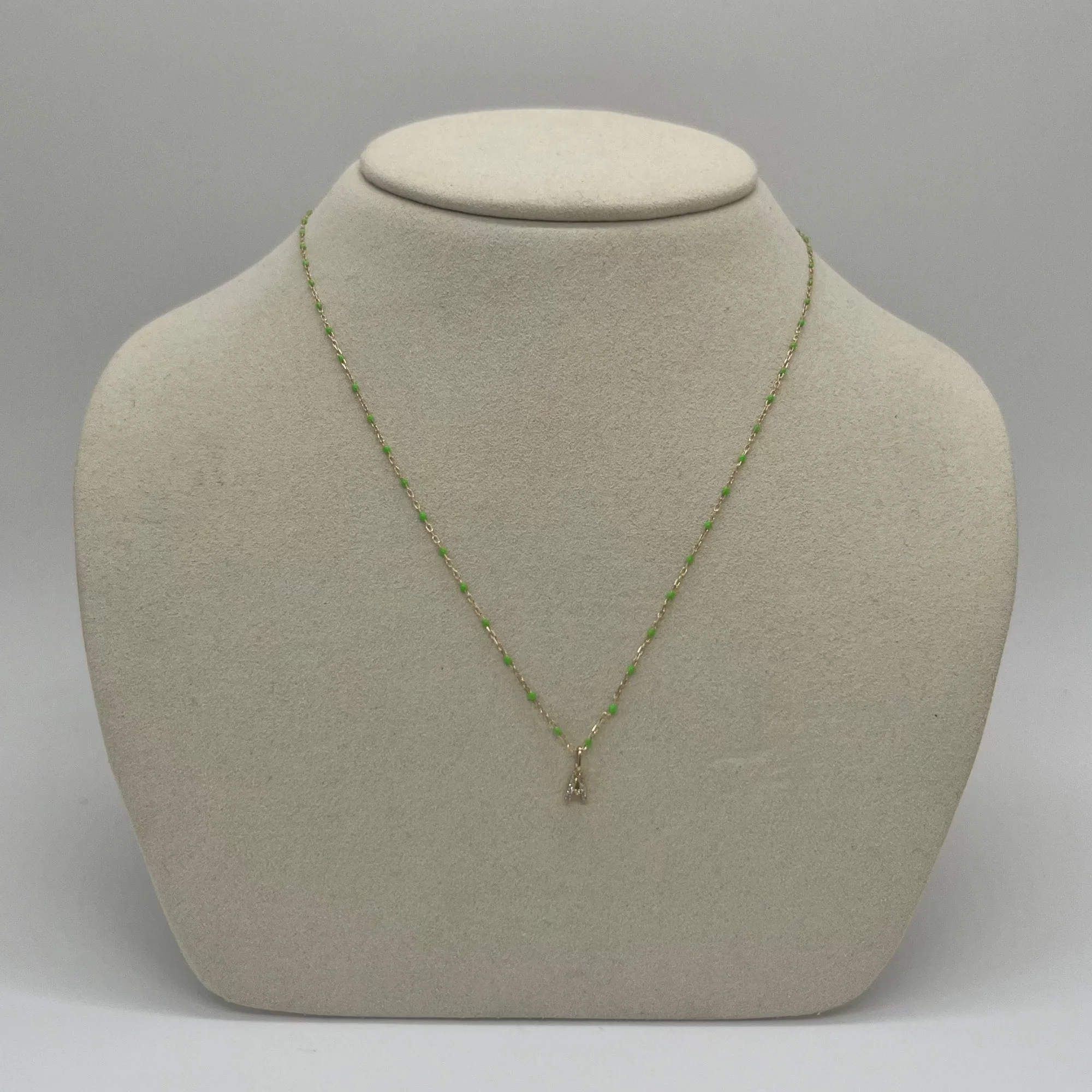 Necklace with Pave Letter | 10K Yellow Gold | White Diamond/Green Enamel Beads