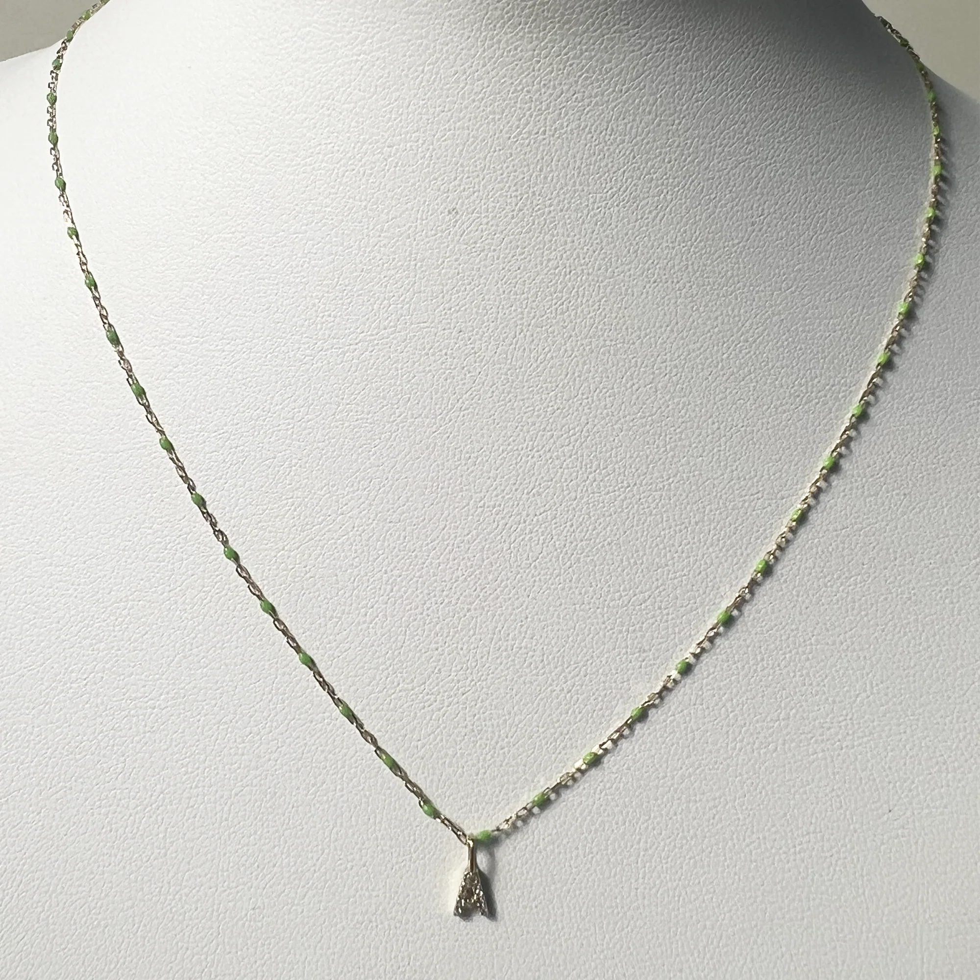Necklace with Pave Letter | 10K Yellow Gold | White Diamond/Green Enamel Beads - Image 2