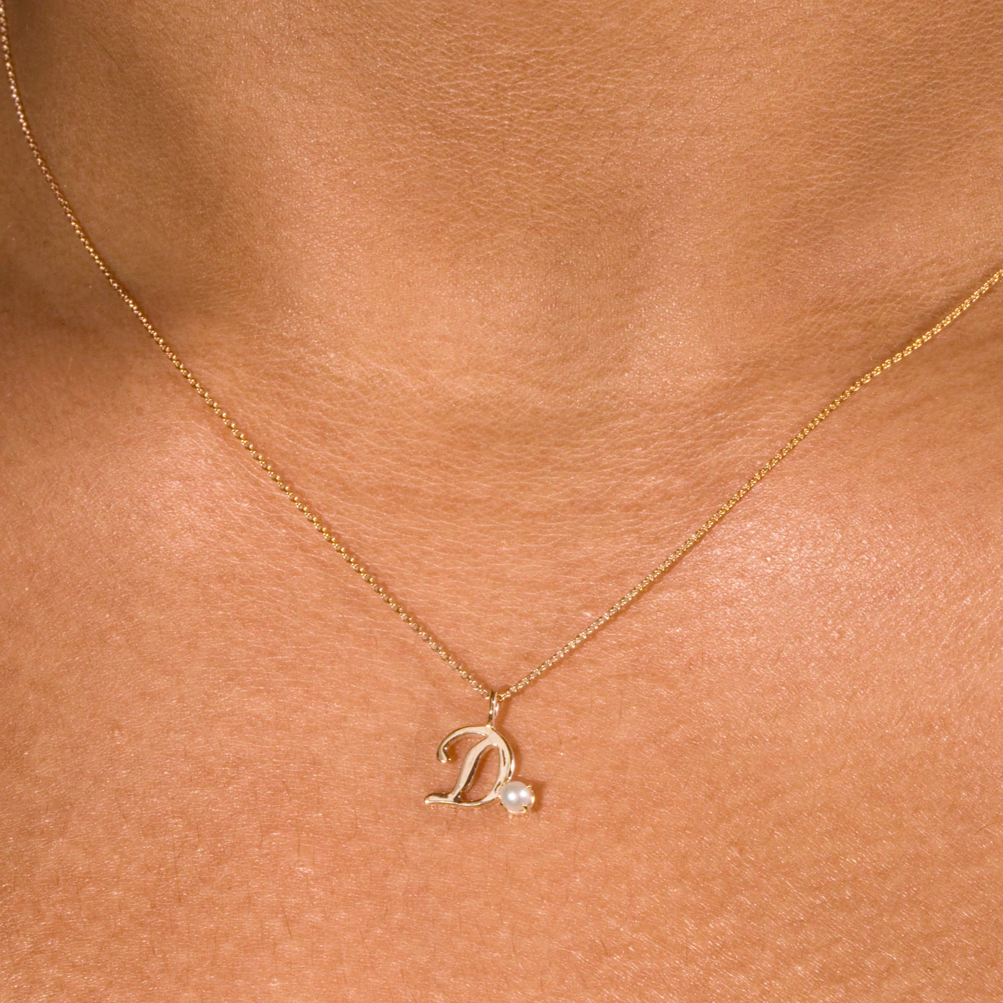 Teeny Pearl Cursive Initial Necklace | 10K Yellow Gold | White Pearl