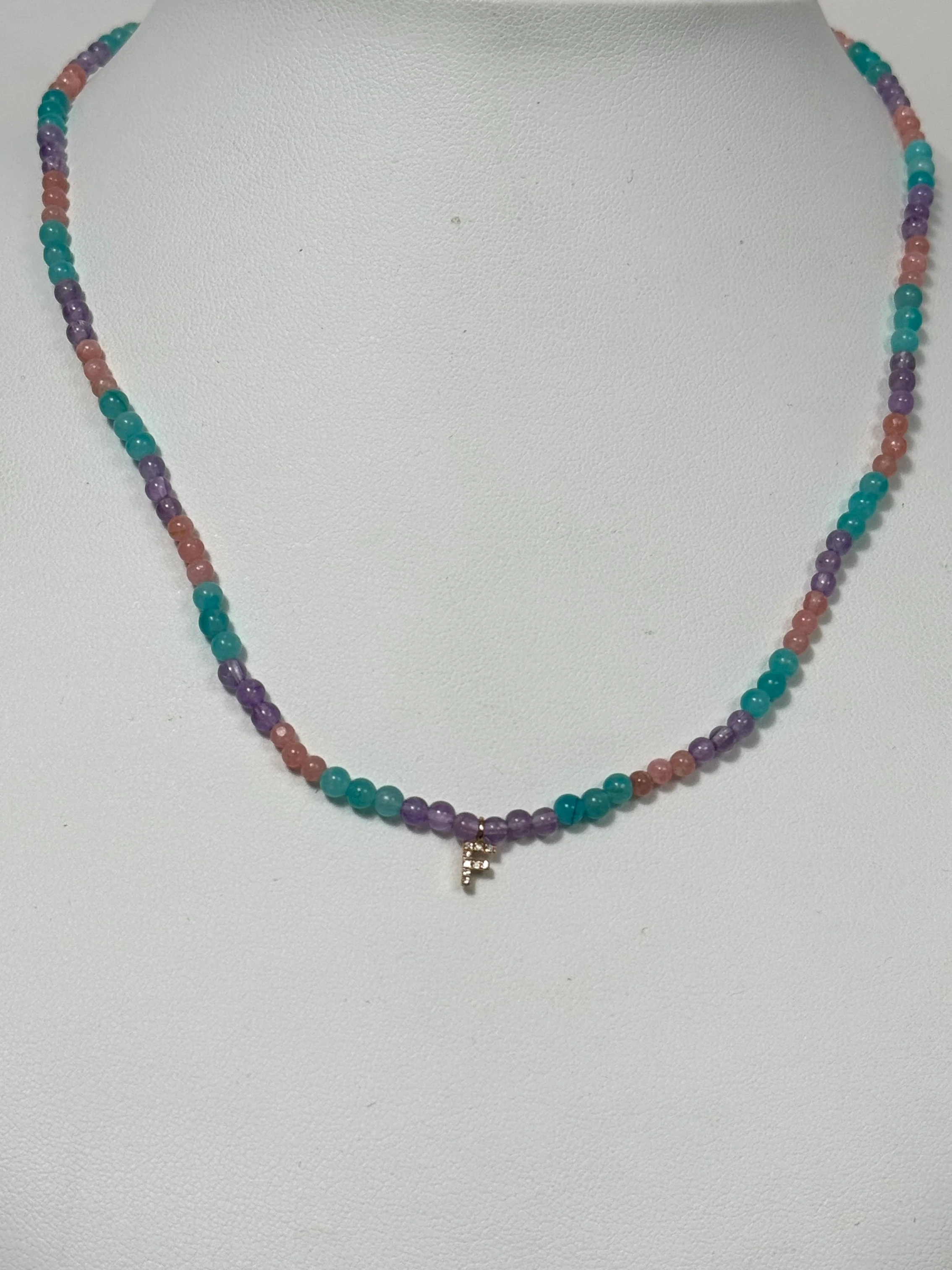 Unicorn Beaded Diamond Initial Necklace | 10K Yellow Gold | 0.03 CTW (Approx) Multicolor Diamond/Diamond/Agate/Rose Quartz/Jade Leaf/Aragonite - Image 2